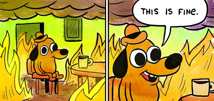 Two panel "this is fine dog" meme